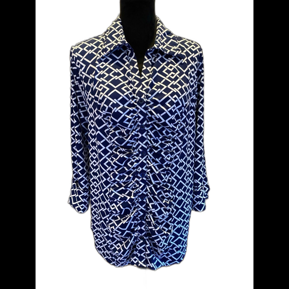 Dress Barn Blouse Geometric‎ Pattern Size 1X Navy Button Down Stretch Casual Top